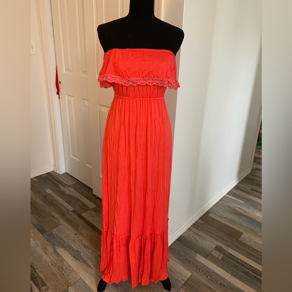 Aqua-Bloomingdale, Coral Maxi dress w lace trim